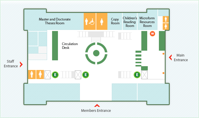 First floor : Master and Doctorate These Room, Copy Room, Children's Reading Room, Microform Resources Reading Room, Circulation Desk