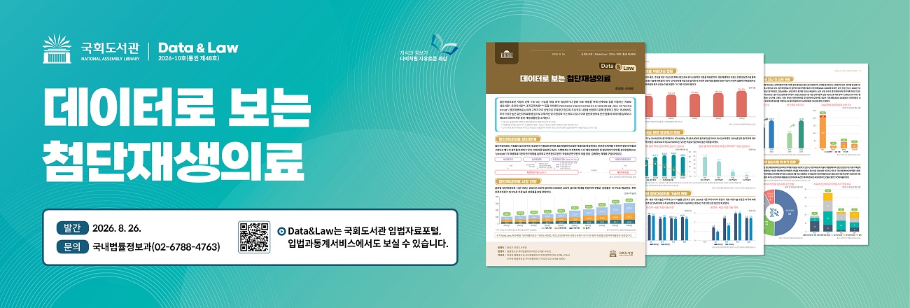 Data&Law 2026-10호(통권 제48호) 발간 안내 / 데이터로 보는 첨단재생의료 / 발간일: 2026. 8. 26. / 문의: 국내법률정보과(02-6788-4763) / Data&Law는 국회도서관 입법자료포털, 입법과통계서비스에서도 보실 수 있습니다. / 클릭 시 입법과통계서비스로 이동