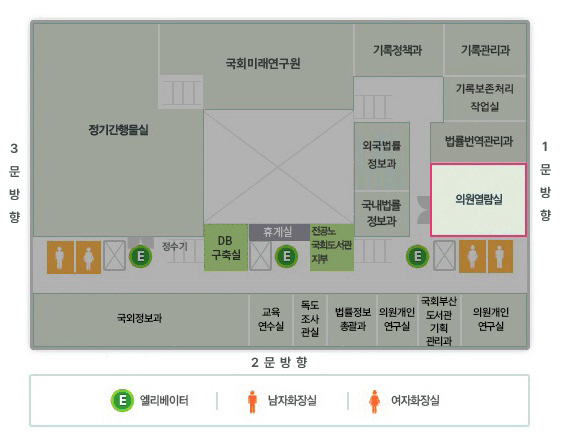 5층평면도 - 1.의원열람실 위치 : 일반인출입구방향쪽 엘레베이터 옆에 위치합니다. 2.편의시설 : 엘리베이터, 남자화장실, 여자화장실