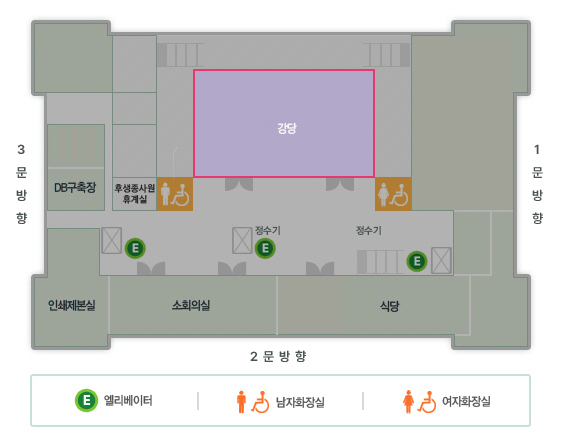 지하평면도 - 1.강당 위치 : 일반인출입구로 입장하여 여자화장실을 지나 오른쪽에 위치합니다. 2.편의시설 : 엘리베이터, 공중전화, 남자화장실, 여자화장실