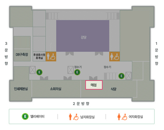 지하평면도 - 1.매점 위치 : 일반인출입구로 입장하여 여자화장실을 지나 강당 맞은편에 위치합니다. 2.편의시설 : 엘리베이터, 공중전화, 남자화장실, 여자화장실