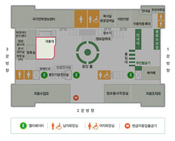 1층평면도 - 1.대출대 위치 : 일반인출입구로 입장하여 출입게이트를 지나 중앙홀을 가로질러 맞은편에 위치합니다. 2.편의시설 : 엘리베이터, 남자화장실, 남자장애인화장실, 여자화장실, 여자장애인화장실, 현금지급기