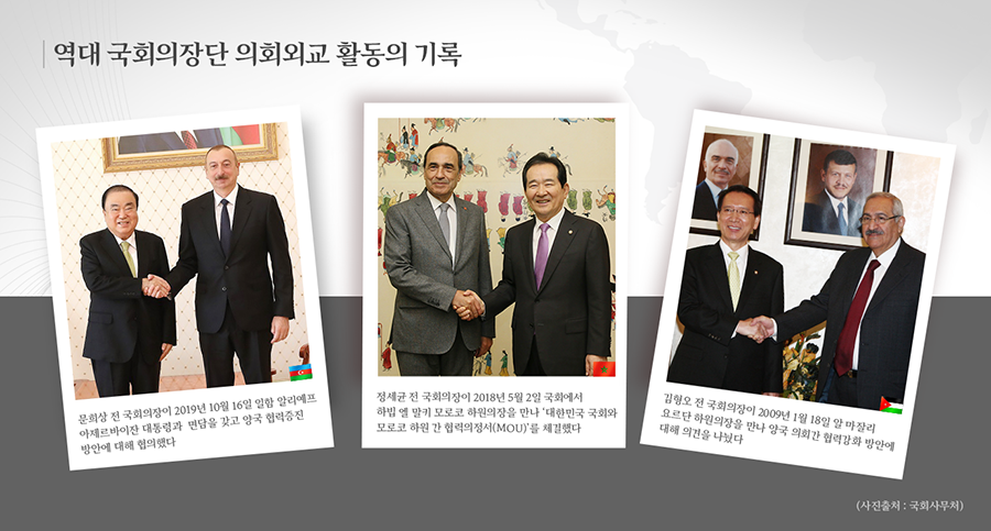 사진 설명(좌측부터) : 문희상 전 국회의장이 2019년 10월 16일 아제르바이잔 방문 때 일함 알리예프 아제르바이잔 대통령과 기념촬영을 하고 있는 모습. 정세균 전 국회의장이 2018년 5월 2일 모로코 방문 때 하빕 엘 말키 모로코 하원의장과 기념촬영을 하고 있는 모습. 김형오 전 국회의장이 2009년 1월 18일 요르단 방문 때 알 마잘리 요르단 하원의장을 만나 기념촬영을 하고 있는 모습. (사진출처 : 국회사무처)