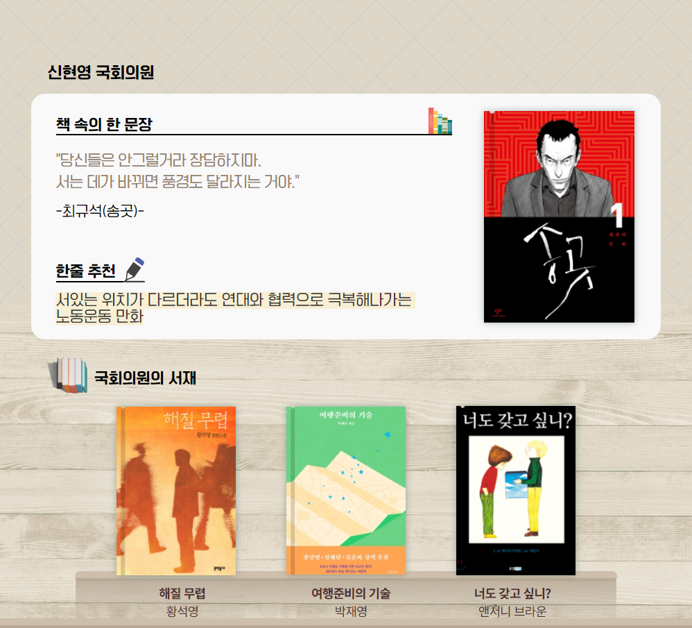 신현영 추천도서 최규석 송곳, 
                        당신들은 안 그럴거라 장담하지마.
                        서는 데가 바뀌면 풍경도 달라지는 거야