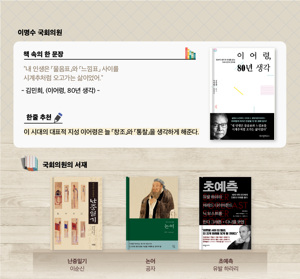 이명수 국회의원 추천도서 이어령 이어령, 80년 생각
                “이 시대의 대표적 지성 이어령은 늘 「창조」와 「통찰」을 생각하게 해준다.