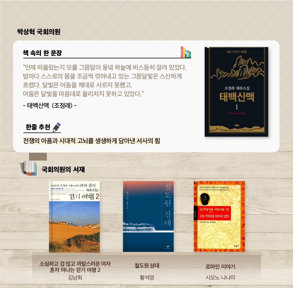 
                박상혁 국회의원 추천도서 
                조정래
                조정래 대하소설 : 태백산맥 1
                전쟁의 아픔과 시대적 고뇌를 생생하게 담아낸 서사의 힘